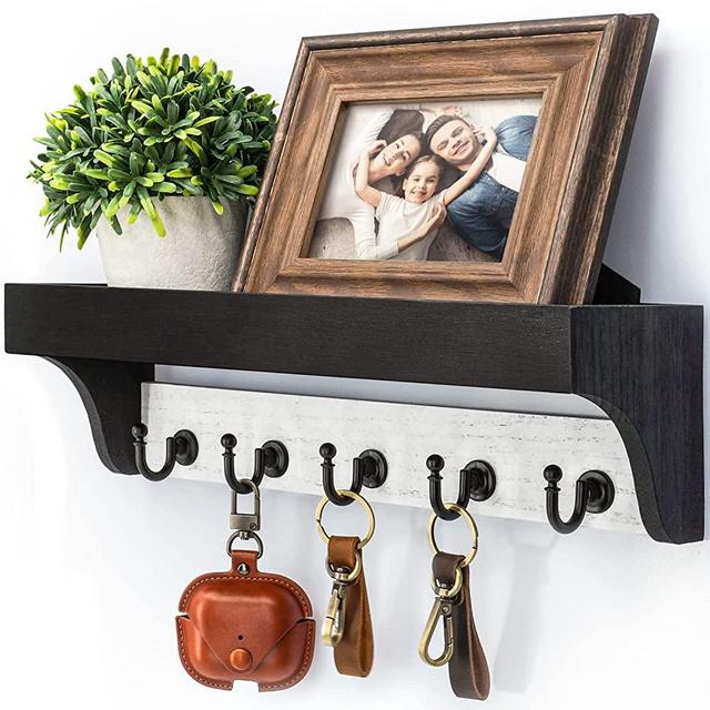 Rebee Vision Key Holder for Wall with Shelf : Decorative 2-Color Key Rack with 5 Rustic Keys Hooks and Primitive Wood Mail Organizer Wall Mount Farmhouse Entryway Décor (Modern Black)