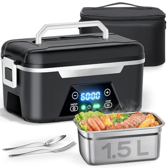 ISNIKA Cordless Heated Lunch Box For Adults, 1.5L (6 Cups) Rechargeable Electric Lunch Box Battery Powered With Scheduled Heating, Automatic Heating,Portable Food Warmer With Insulated Bag (Black)