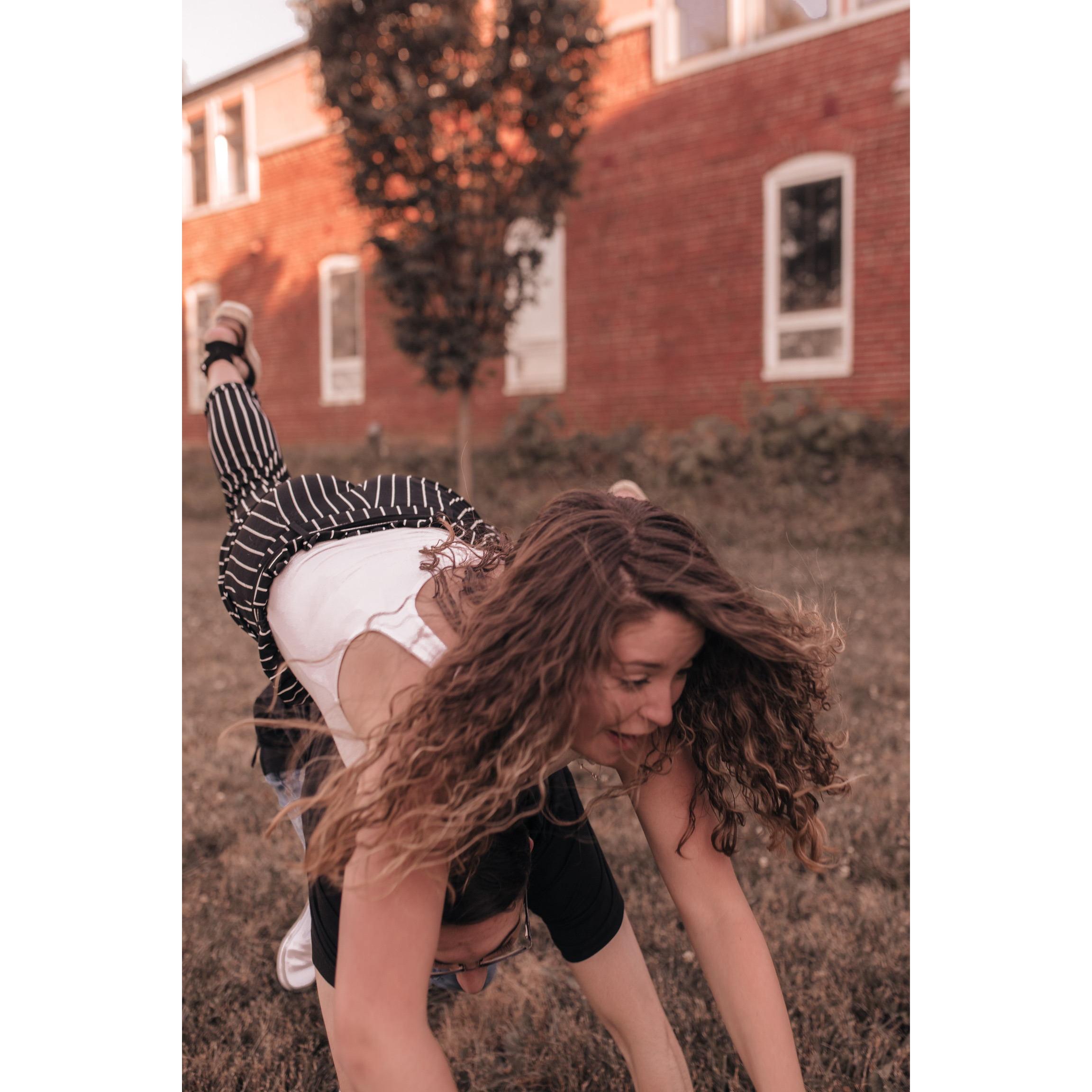 Connor dropping Raquel trying to give her a piggy back ride