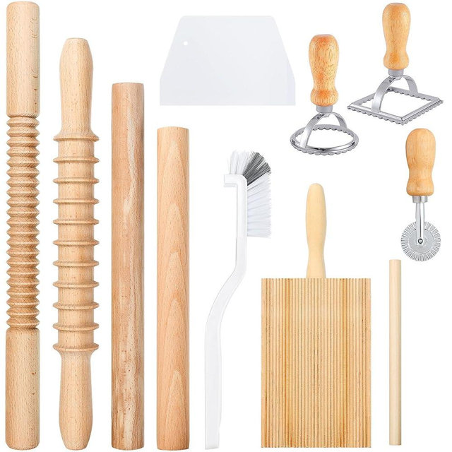 Pasta Making Tools Set, 10 PCS Pastas making Accessories included,2 Size Threaded Rolling Pins, Wooden Pasta Making Kit, for Ravioli, Pasta, Dumplings Lasagna,Pierogi,Cookies,Cleaning Brush Included