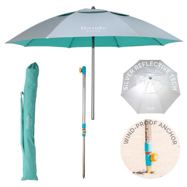 Handy Beach Umbrella & Anchor System, Large 7ft Silver Coated UPF50+ Canopy, 10 Second Installation, Wind Resistant, Durable, Lightweight, Comfortable Dual Pocket Bag Included (Silver & Teal)