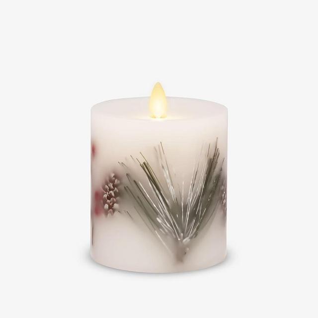 Luminara Flameless LED Candle Embedded Moving Flame Pillar Unscented Real Wax with Recessed Edge, Remote Ready, Timer (4.5-inch, Pine Berries)