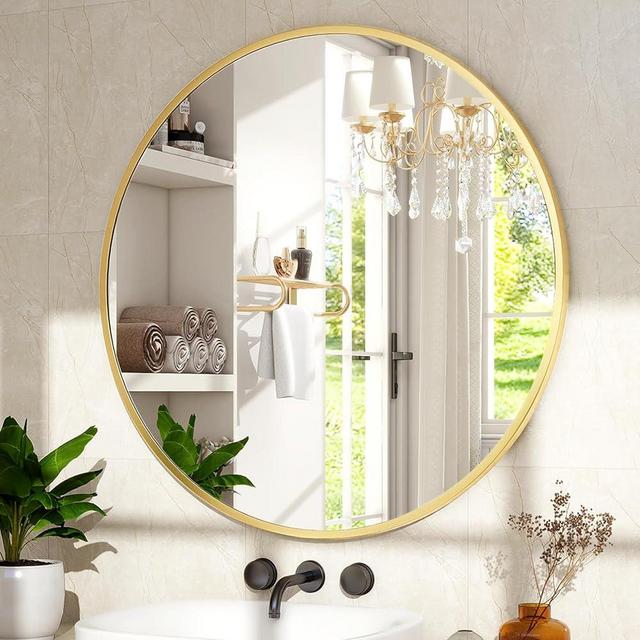 XRAMFY 32 Inch Round Gold Metal Wall Mirror - Stylish Circle Mirror for Entryway, Bathroom, and Living Room Decor | Matte Gold Circle Wall Mirror