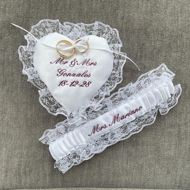 Embroidered Personalised Wedding Garter Set: White or light ivory Satin, ring cushion and garter