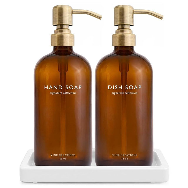 Vine Creations Amber Glass Soap Dispenser Set, Kitchen Soap Dispenser Set with Ceramic Tray, 16 oz Dish Soap and Hand Soap Dispensers with Stainless Steel Pump Decor (Amber Bottle/Brushed Brass)