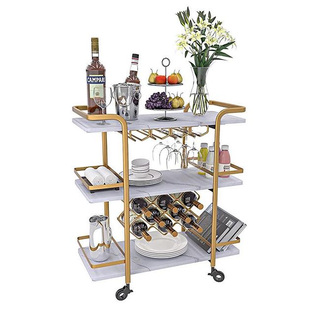 Jubao Gold Bar Cart Rolling Kitchen Serving Cart 3 Tiers Shelves Removable Wine Trolley with Wine Rack, Kitchen Island Cart with Wine Glass Holder, White Carrara Marble Finish Wood and Gold Metal