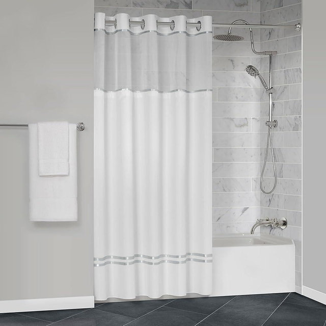 Manchester Mills Protect360° Satin Silver Ribbon Hook Free Shower Curtain - Microban Product Protection, Water Repellent, Snap-On Liner, Hems with Magnets, 72"X72", White