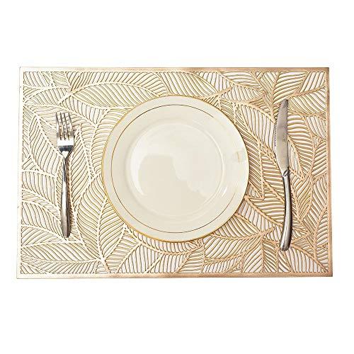 MLADEN Pressed Vinyl Placemats Set of 6, Leaf Functional Table Mat Heat Insulation Placemat for Dining Kitchen Restaurant Table Decoration (Gold)