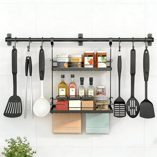 NADAMOO Spice Rack Wall Mount, 2-Tier Storage Shelf with Towel Bar, Utensil Hanger with Hooks for Kitchen, Bathroom, Pantry, Laundry, Matte Black Heavy Duty Metal Organizer