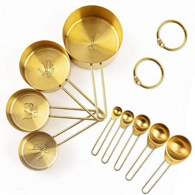 9 Pcs Golden Stainless Steel Measuring Cups and Spoons Set, Stackable & Long Handle, Premium Metal Measuring Cups and Stainless Steel Measuring Spoons Set for Liquid & Dry Ingredients Baking Cooking