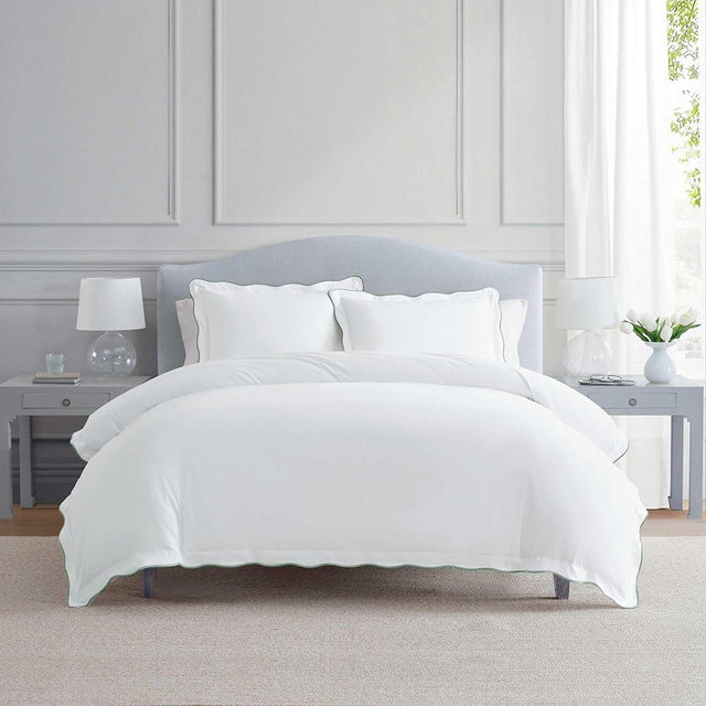 Martha Stewart - Queen Duvet Cover Set, 100% Soft Cotton Bed Set with a Smooth Cotton Percale Reverse, 3 Piece Bedding with Matching Pillowcases (Simple Scallop Green)