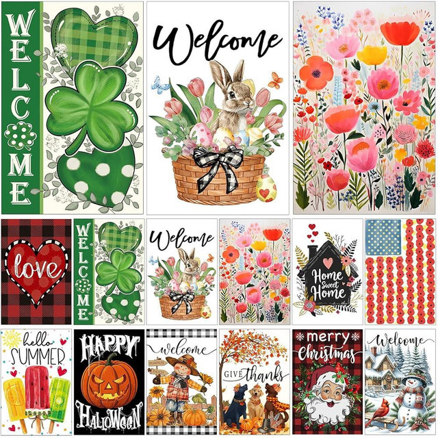 Yileqi Seasonal Garden Flag Set of 12 Double Sided 12 x 18 Inch Small Yard Flag for Outside, Fall Give Thanks Christmas Valentine's Day Easter Outdoor Décor for All Seasons
