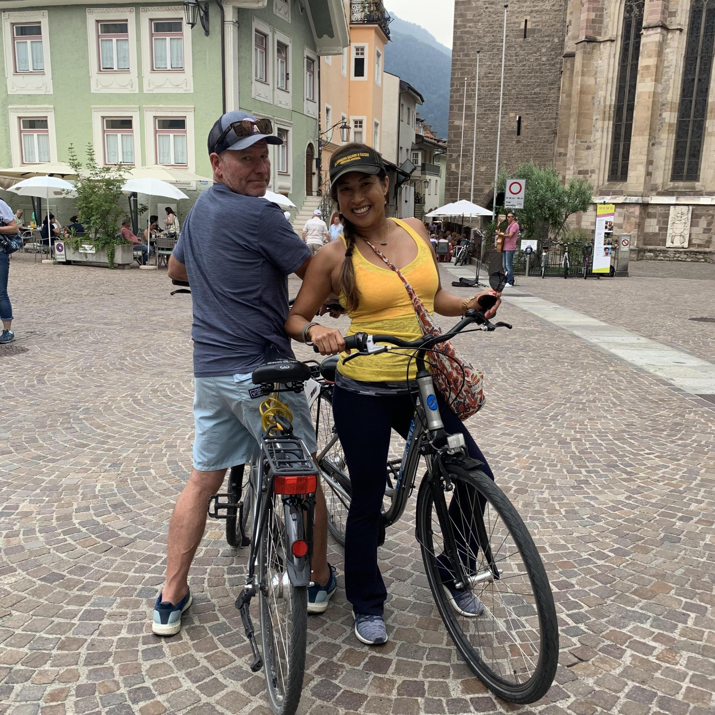 Bike ride through the cobble streets of Merano, Italy