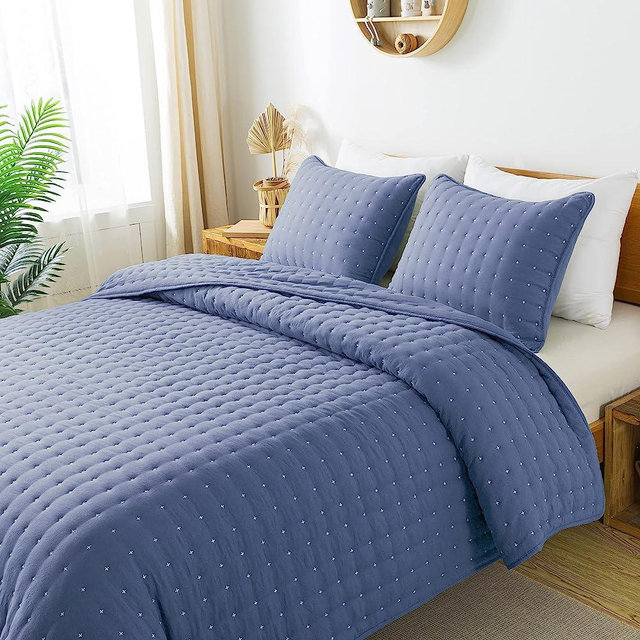 WDCOZY Blue Queen Size Quilt Bedding Sets with Pillow Shams, Lightweight Soft Bedspread Coverlet, Quilted Blanket Thin Comforter Bed Cover, All Season Summer Spring, 3 Pieces, 90x90 inches