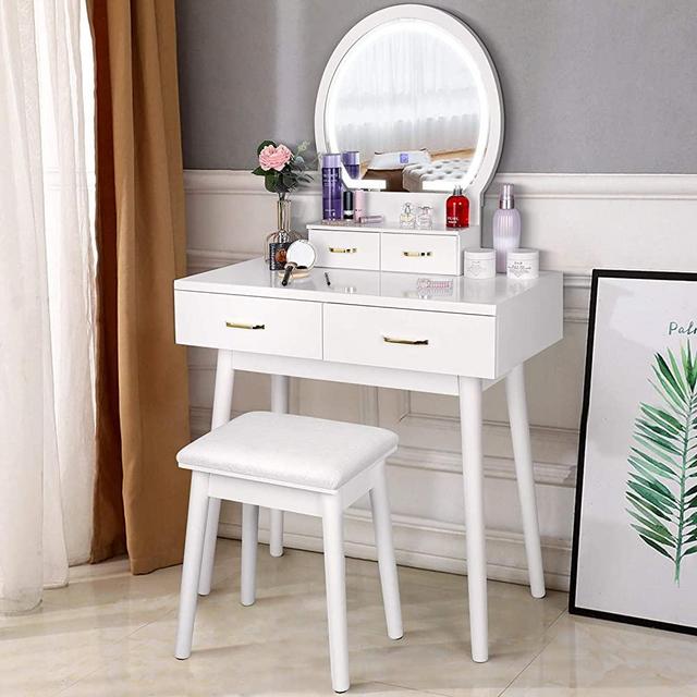 amzdeal Vanity Set with Lighted Mirror, Makeup Vanity Dressing Table with Touch Screen Dimming Mirror, 3 Color Lighting Modes 4 Drawers Dresser Desk and Cushioned Stool Set - White