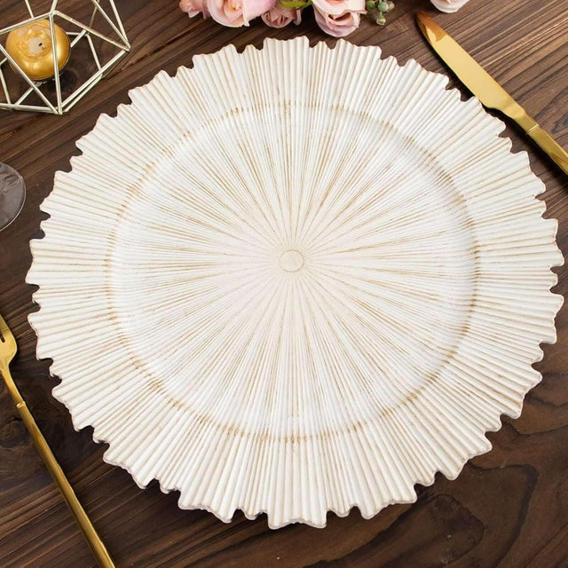 TCF Linen 13" Charger Plates - Set of 12 - Antique White with Sunray Scalloped Rim Plastic Chargers, Disposable Round Acrylic Serving Trays For Dinner Wedding Party Events
