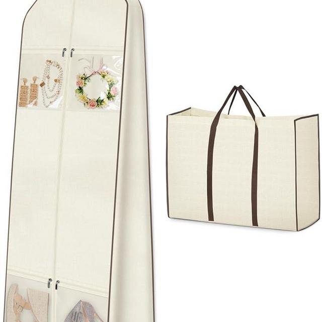 MISSLO Portable 70" Wedding Dress Garment Bag with Bride Tote Bag 8'' Gusseted Dress Bags for Gowns Long 4 Pockets Dress Cover for Women, Beige