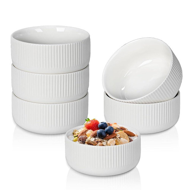 KOBIKOBI Ceramic bowls for Kitchen - Set of 6, 14 oz Cereal Bowl Set, 4.5" Small Soup Bowls, White Ceramic Bowls for Dessert, Salad, Pasta, Soup etc, Microwave, Dishwasher & Oven Safe