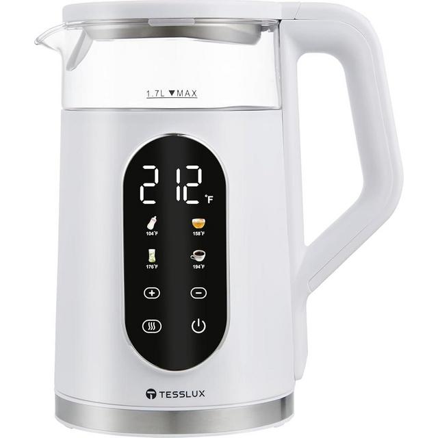 Tesslux Electric Tea Kettle, 1.7 Liter / 1500W Water Boiler Heater with Temperature Control, Cordless, BPA-Free, 4 Preset Heating Programs, Glass Boiling Teapot, White
