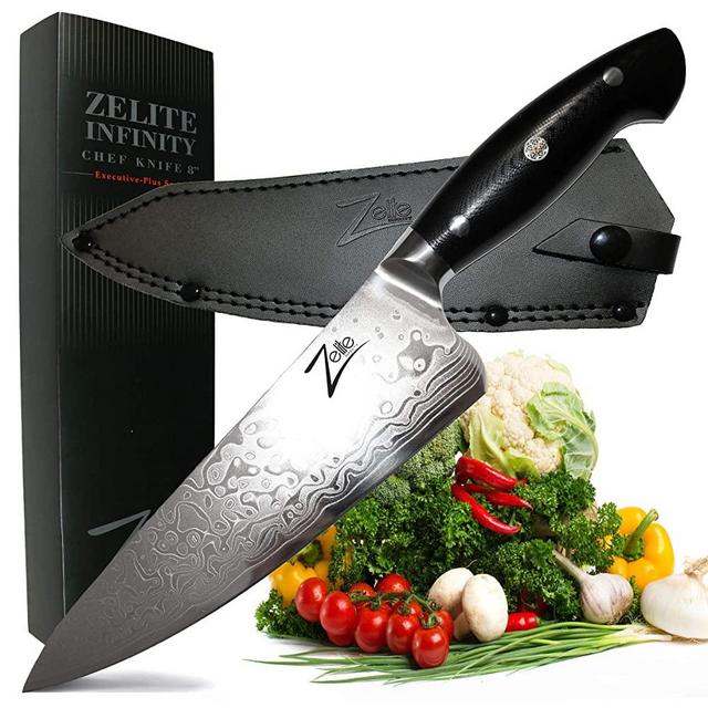 Zelite Infinity Damascus Chef Knife 8 Inch, Japanese Chef Knife, Japanese Knife, Kitchen Knife, Chefs Knife - Japanese AUS-10 Super Steel 45-Layer Damascus Knife - Deep 56mm Blade - Leather Sheath