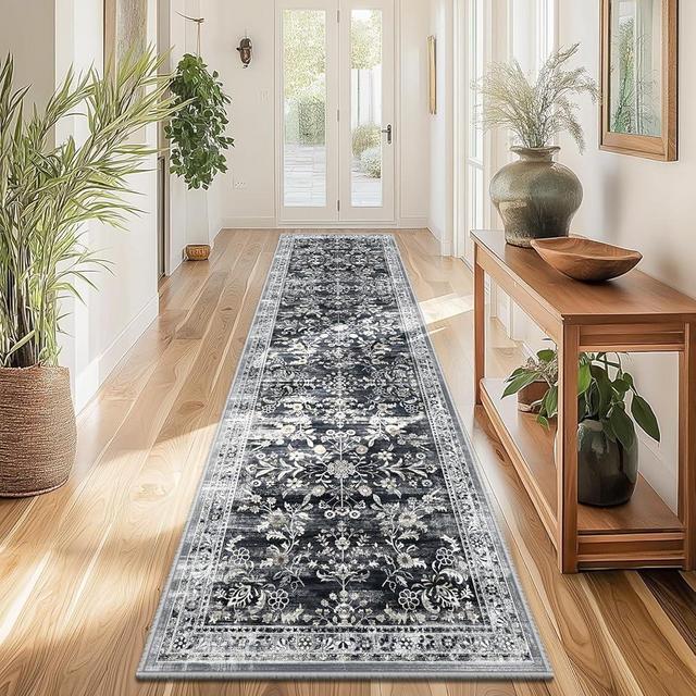 Yamaziot Washable Runner Rug 2x8 – Non Slip Boho Floral Hallway Runner Rug with Rubber Backing, Low Pile Faux Wool Distressed Carpet for Kitchen, Laundry, Bedroom, Entrance, Black