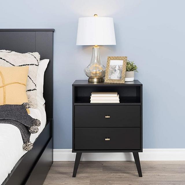 Prepac Milo Mid Century Modern Nightstand, 2-Drawer with Open Shelf, Black