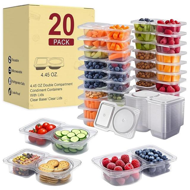 20 Pack Reusable Snack Containers with Lids, Double Compartment Snack Containers for kids & Adults -2 Compartment Condiment Containers, Dishwasher & Microwave Safe, for Portion Control, Meal Prep