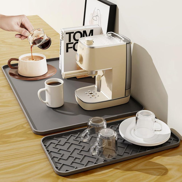Silicone Coffee Mat with Convex Edge,19''x12''Coffee Bar Mat Easy to Clean, Coffee Bar Accessories Removable Coffee Mat Fits Under Coffee Maker,Espresso Machine, kitchen Countertops or Dish Racks