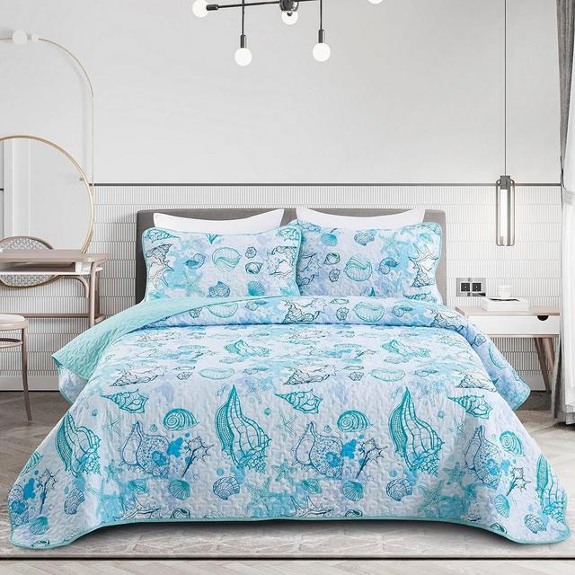 Djoymock Ocean Quilts Set Queen Size, 3 Piece Beach Theme Bedding Sets Coastal Seashell Reversible Quilt Bedding, Microfiber Lightweight Coverlet Bed Set for All Season(90"x90")