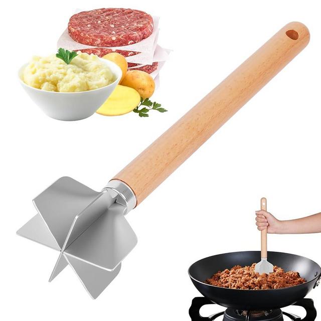 Stainless Steel Meat Chopper, Meat Masher, 6-Blade Ground Beef Chopper Tool with 11" Wooden Handle for Hamburger, Beef, Turkey & Vegetables Puree (1)