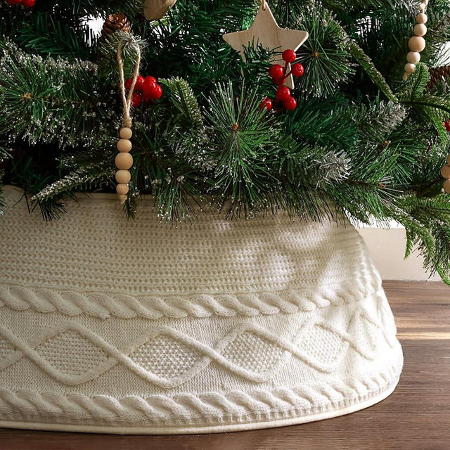 Treory Knitted Christmas Tree Collar: Cream Crossed Diamond Edge Chunky Cable Knit Christmas Tree Collars for Artificial Trees, Farmhouse Rustic Tree Ring Tree Skirt for Christmas Home Décor