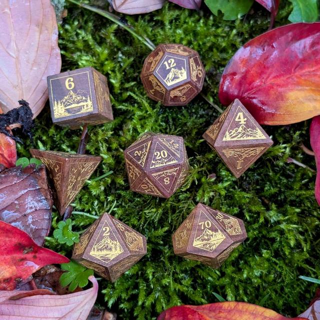 Everwild Rosewood Dice Set – Mountains & Forest Engravings with Gold Paint Fill (7-Piece) for DND and TTRPGs