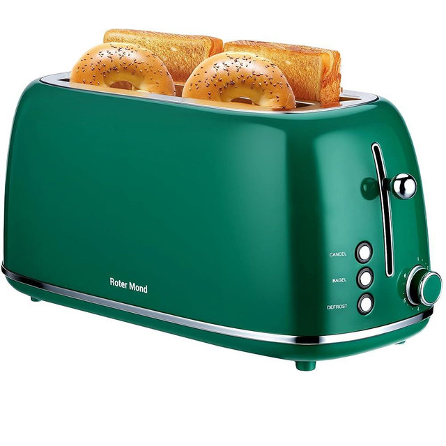 Roter Mond 4 Slice Toaster Retro Stainless Steel Toaster with Bagel, Cancel, Defrost Function and 6 Bread Shade Settings Bread Machine, Long Extra Wide Slots and Removable Crumb Tray, Green