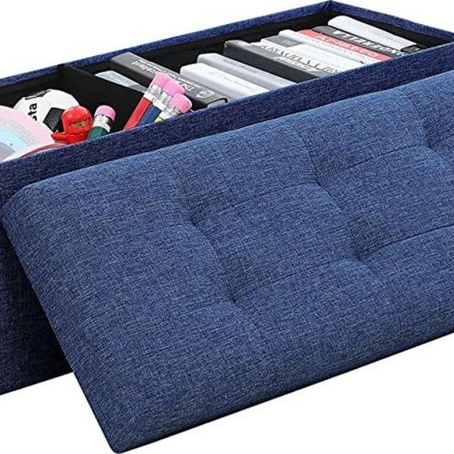 Ornavo Home Foldable Tufted Linen Large Storage Ottoman Bench Foot Rest Stool/Seat - 15" x 45" x 15" (Navy)