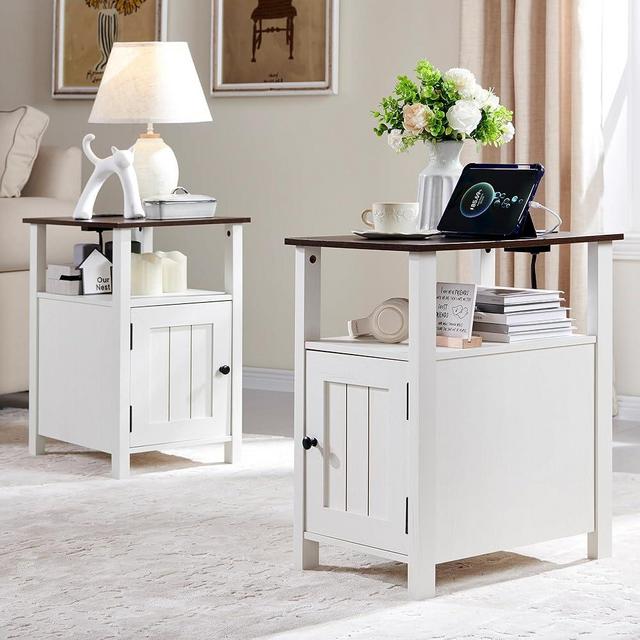 IFGET Farmhouse Nightstand Set of 2, End Table with Charging Station, Rustic Side Table w/Barn Door & Open Shelves, Bedside Table w/Storage Space and Storage Cabinet for Bedroom, Living Room (White)