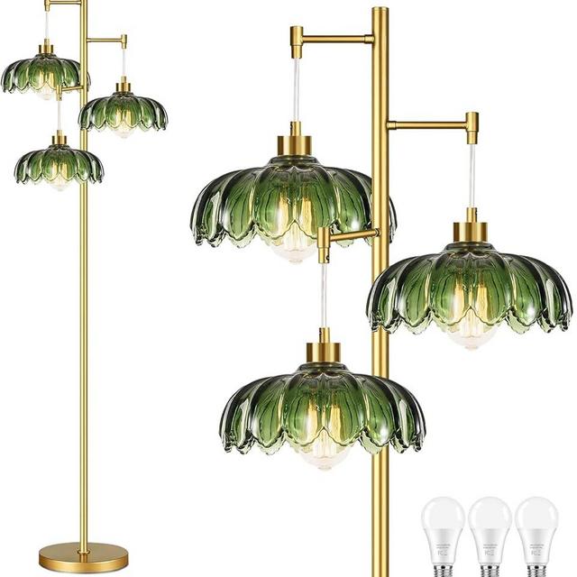 ILLMTW Glass Gold Floor Lamp for Living Room,Bedroom,Mid Century Modern Standing Lamp Brass Tree 3 Light Tall Floor Lamps Vintage Retro Floor Lights Green Flower Lamp Shade Farmhouse Boho Bohemian