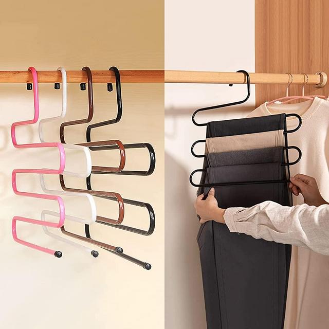 Magic Space Saving Pants Hangers Multifunctional Smart Closet Organizer Premium Non-Slip Wardrobe Trousers Cascading Hanger 5 Layers, Innovative Design for Jeans Scarf Trousers (4 Pack S-Shape)