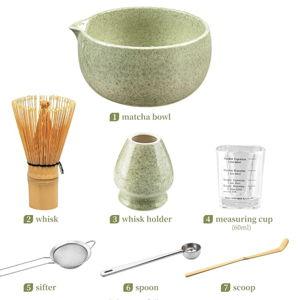 Mottled Green: YIBO Matcha Whisk Set With Bowl, Ceramic Matcha Making Kit Includes Bamboo Whisk (Chasen), Holder Stand, Powder Starter Sifter, Scoop, Measuring Spoon & Cup Tea Tools For Ceremony (Mottled Green)