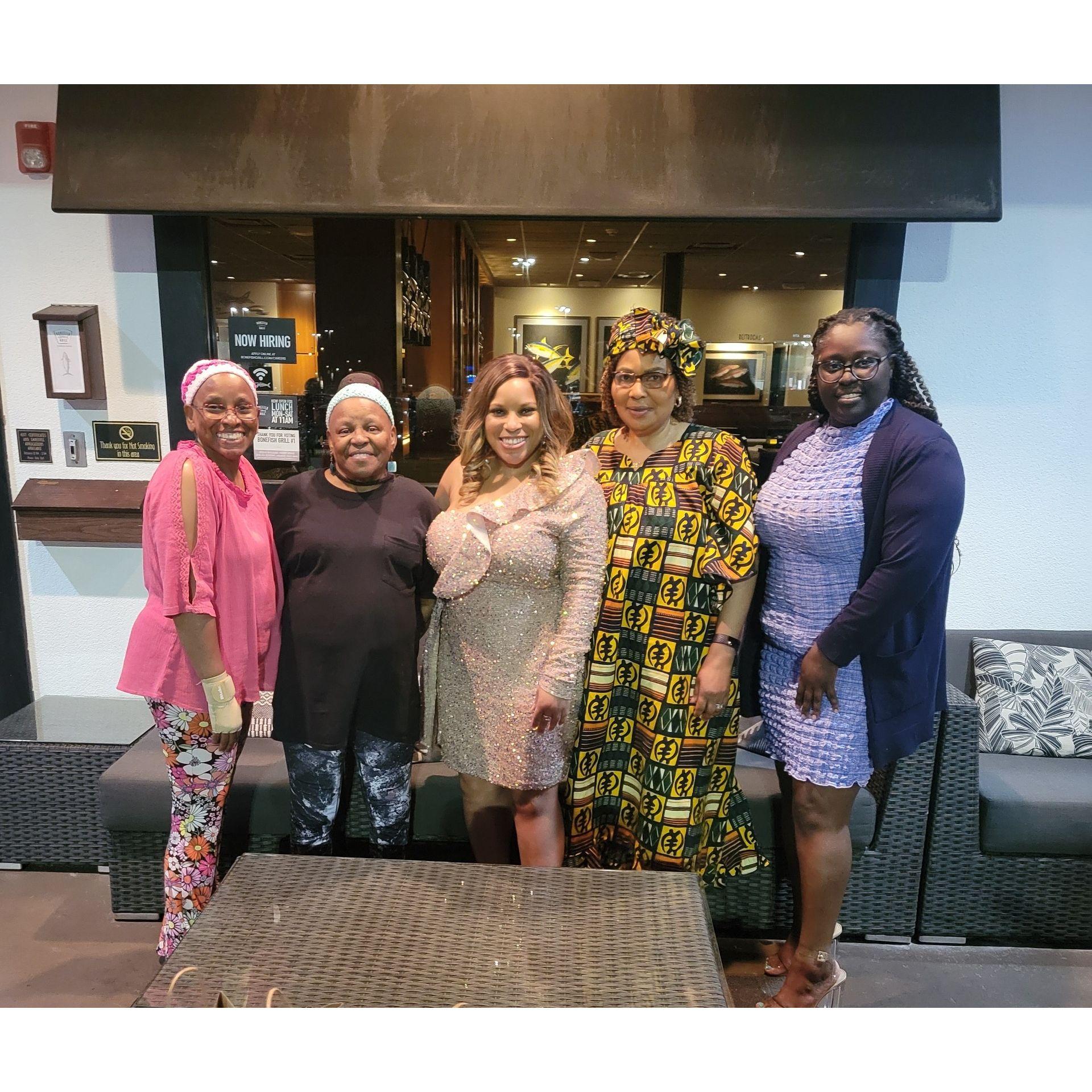 This was taken at my birthday dinner this year. Introduced Charles's Mom to my support system. Everyone present (Grandma BJ, Mom, Chenea) Aunt Mary not pictured because she took the picture.