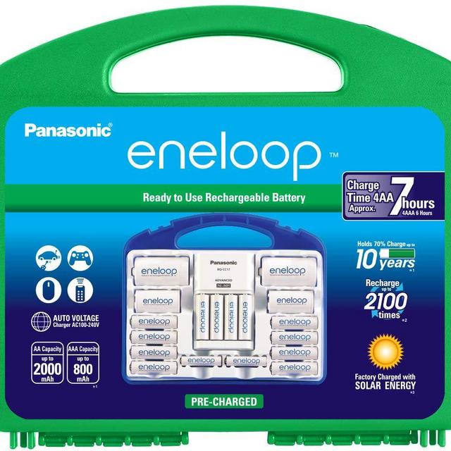 Panasonic K-KJ17MC124A eneloop Super Power Pack 12AA, 4AAA, 2 C Adapters, 2 D Adapters, “Advanced” Individual Battery Charger and Plastic Storage, (Case Color May Vary)