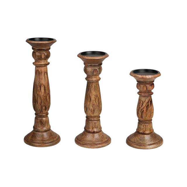 Rustic Wooden Candle Holder Set of 3, Hand-Carved Mango Wood with Elegant Design, Vintage Unique Carving Home Décor Pillar & Tea Light Candle Stands, Boho Chic Accent - 14,12,10 Inch Burnt