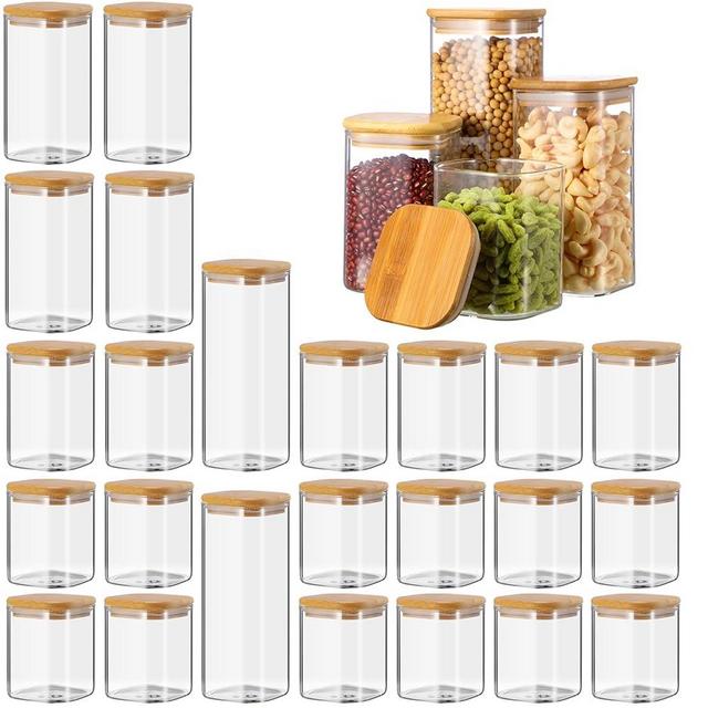 Qinyoung 24 Pcs Square Pantry Glass Storage Jars with Bamboo Lids 4 Sizes Food Storage Containers Clear Stackable Canisters Airtight Glass Jars for Candy Cookie Sugar Pasta Nuts Kitchen