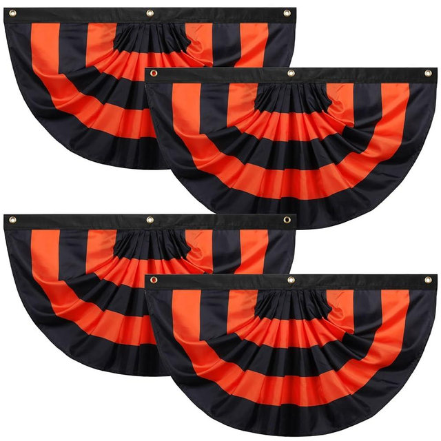 Newwiee 4 Pcs 3 x 1.5 ft Halloween Flag Bunting Half Fan Hanging Pleated Flag Banner with 3 Grommets for Halloween Indoor Outdoor House Holiday Yard Decorations Party Props, Black Orange