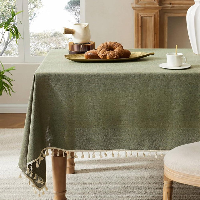 YZJZEDS Linen Tablecloth with Tassels, Farmhouse Style Green Tablecloth, Water Resistant Burlap Tablecloths for Rectangle Table, 52x70 Inch Olive