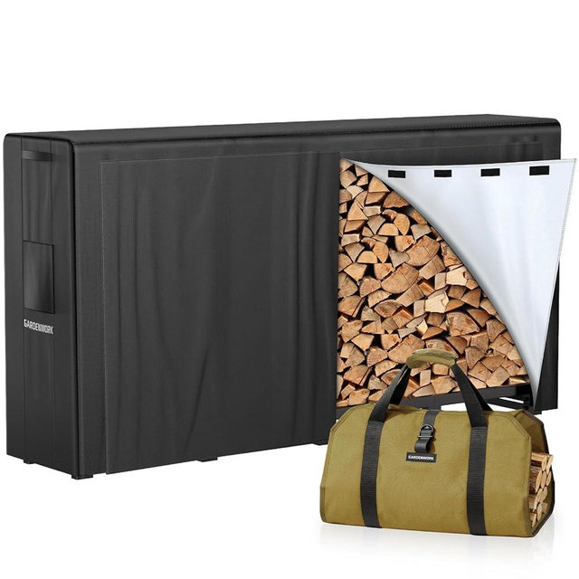 GARDENWORK 8FT Firewood Rack Outdoor with Cover,Heavy Duty Fire wood Log Holder,Wood Storage Racks with 600D Oxford Cover for Indoor and Outdoor with Firewood Bag