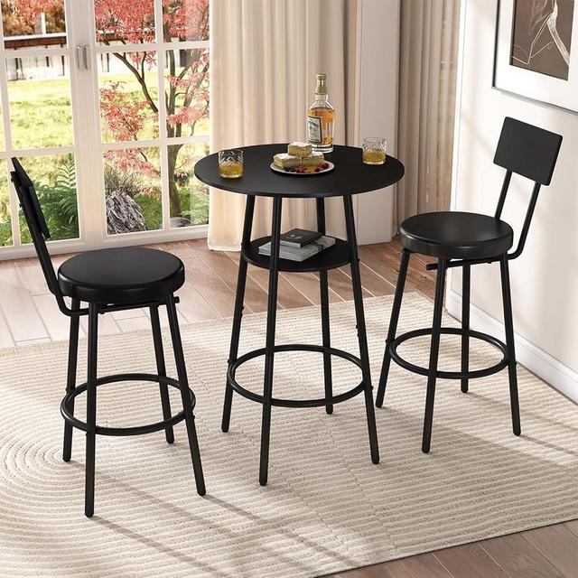 Zevemomo 3 Pieces Round Bar Table Set, Small Dining Table for 2, Black Kitchen Bar Table, Breakfast Table with Storage, 2 Thickened Cushion Stools with Backrest for Dining Room & Bistro-Black