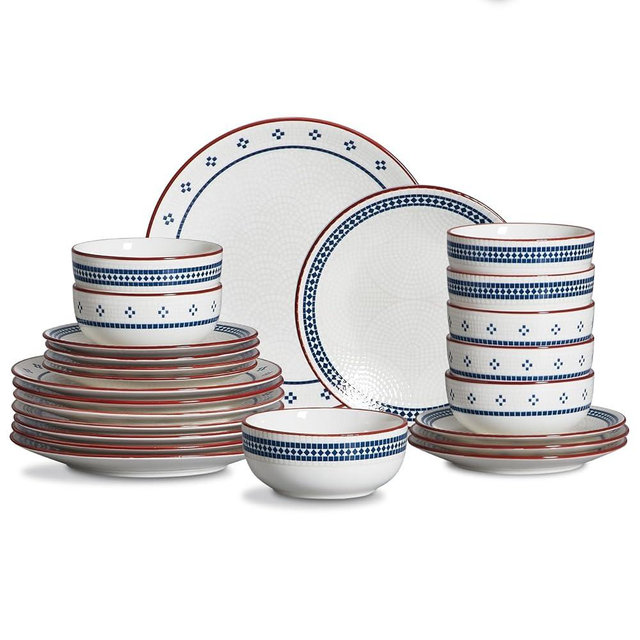 JODEVI Dinnerware Sets for 8, 24-Piece Stoneware Plates and Bowls Sets for 8 Everyday Dishware Sets for 8, Microwave Safe, Scratch-resistant, Vintage Geometric Design, Service for 8