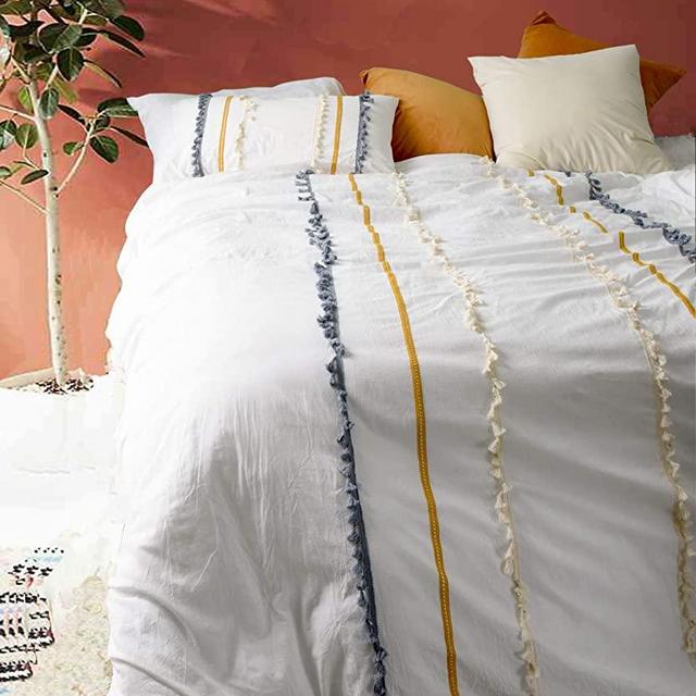 Flber Outlet Tasseled Duvet Cover King Boho Comforters Textured Bedspreads White Bedding Cover (8690)