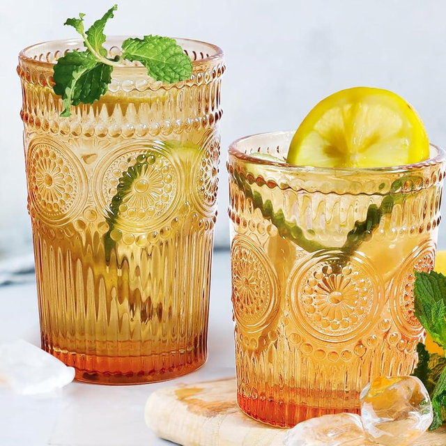 Loivttvv 12pcs Vintage Drinking Glasses Set, 12 oz Highball Glasses & 9 oz Embossed Ribbed Glassware Cups for Cocktail, Water, Juice, Coffee, Whiskey (Amber)