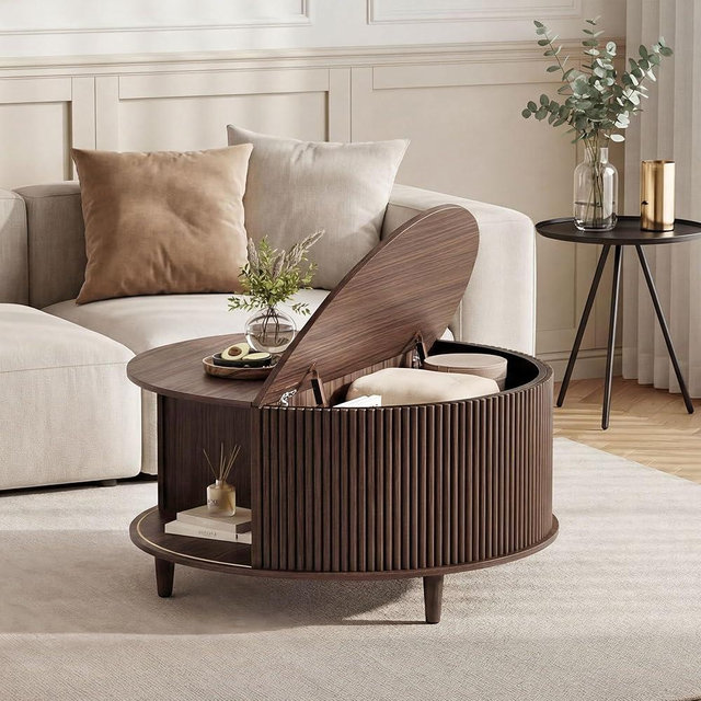 Cibert Round Coffee Table with Storage, 31.5" Center Table for Living Room, Mid Century Modern Coffee Tables for Living Room, Compact Small Coffee Table with Hidden Storage, Adjustable Feet, Walnut